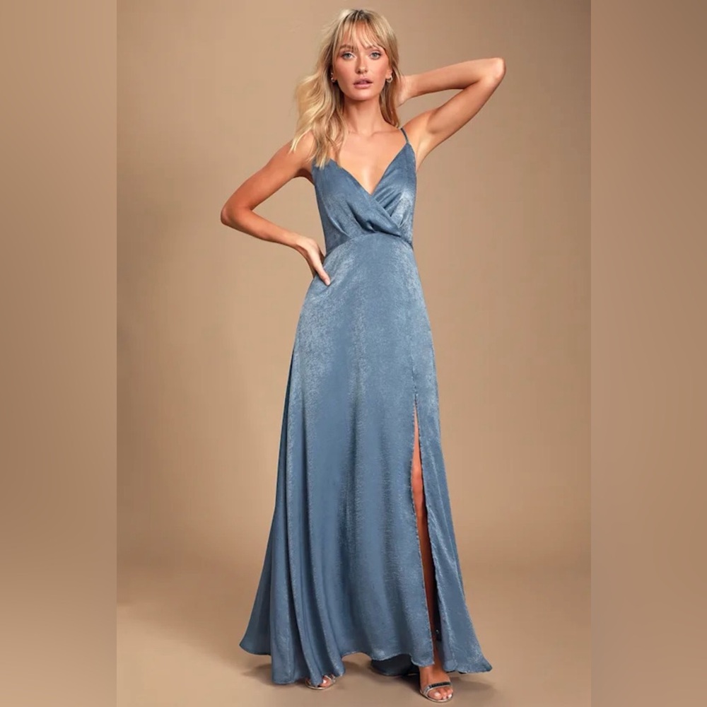 Lulus Constantine Slate Blue Satin Maxi Dress, Light Blue $69 X-Large